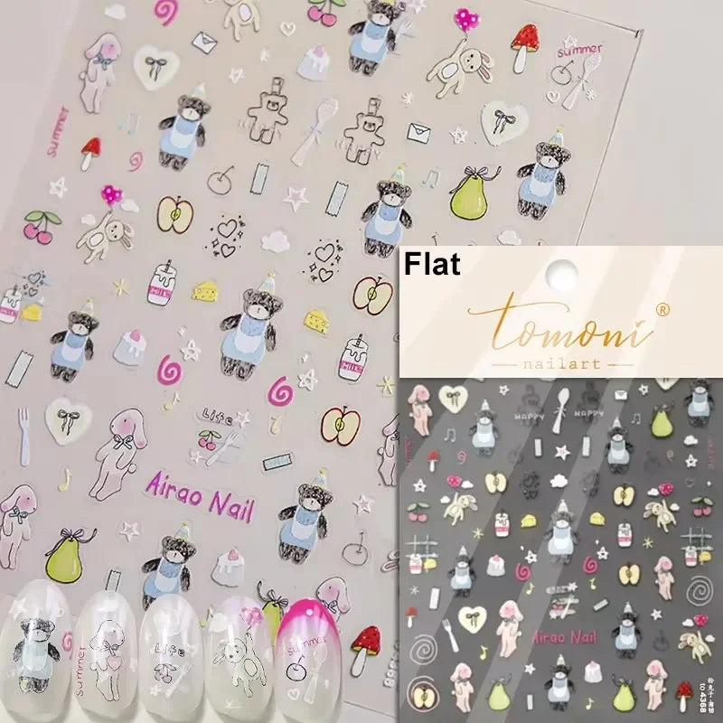 Retro Love Heart White Lace flower Bowknot Tie Pink Bear Flower Strawberry Adhesive Nail Art Stickers Rhinestone Manicure Decals (ONLINE ORDER ONLY)