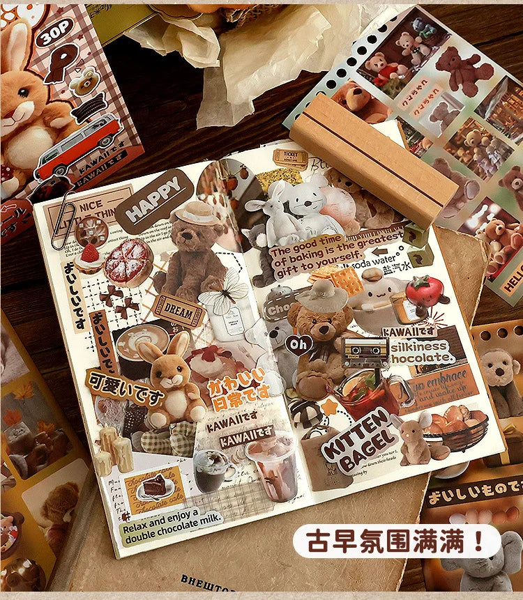 30sheets/book Y2K Retro Cute Bear Food Cut Film Sticker for Laptop Phone Camera Journal Scrapbook Kawaii Decoration Sticker Gift (ONLINE ORDER ONLY)