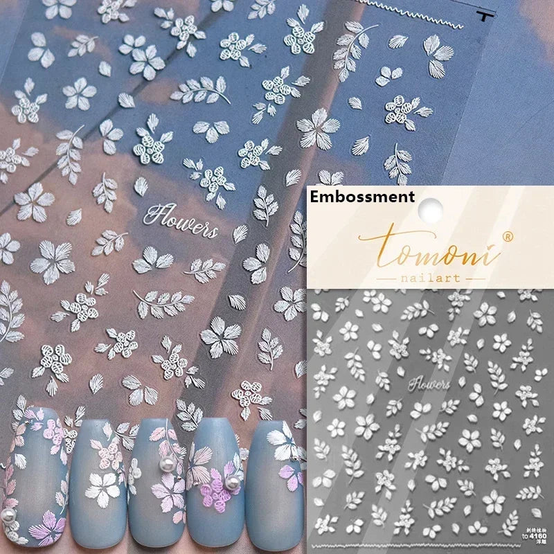 Gradient Coloredful Flower Petal Green Leaf Dreamy Shiny Chinese Rose Fantasy Relief Adhesive Nail Art Stickers Manicure Decals (Online Order Only)