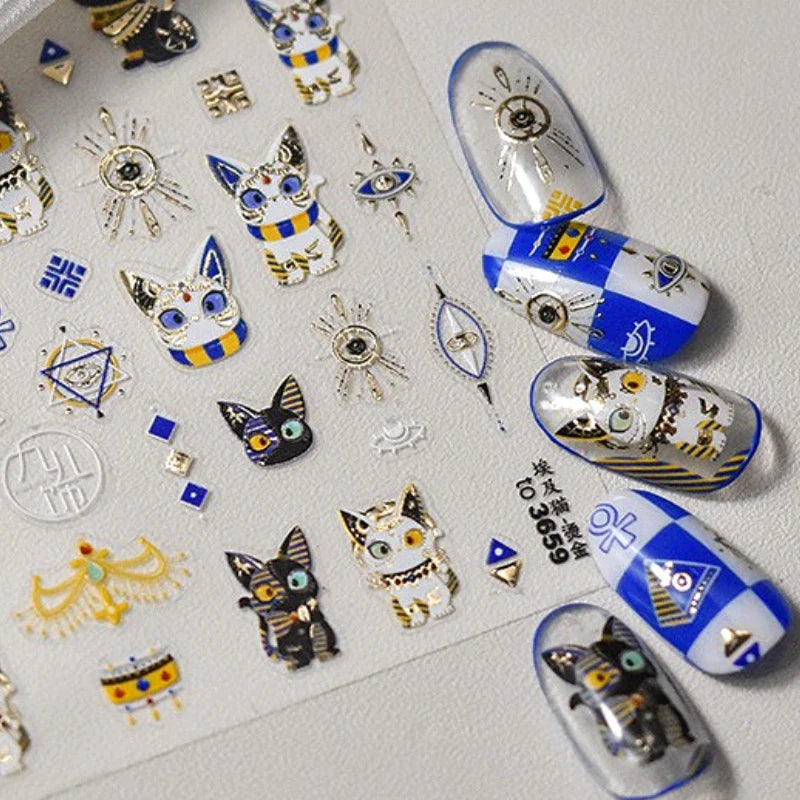Mysterious Egyptian Cat Totem Eye Symbol Black Pharaoh Kitty Paw Sun Self Adhesive Nail Art Stickers Manicure Decals Wholesale (Online Order Only)