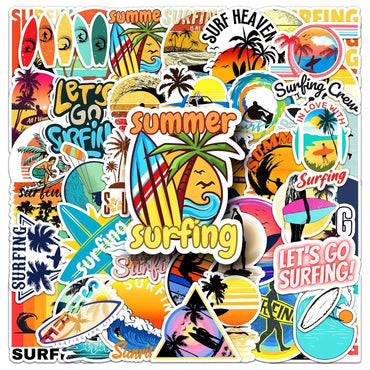 10/50PCS Outdoor Summer Beach Surfing Stickers Waterproof DIY Water Bottle Luggage Surfboard Fridge Car Skateboard Decal Sticker (ONLINE ORDER ONLY)