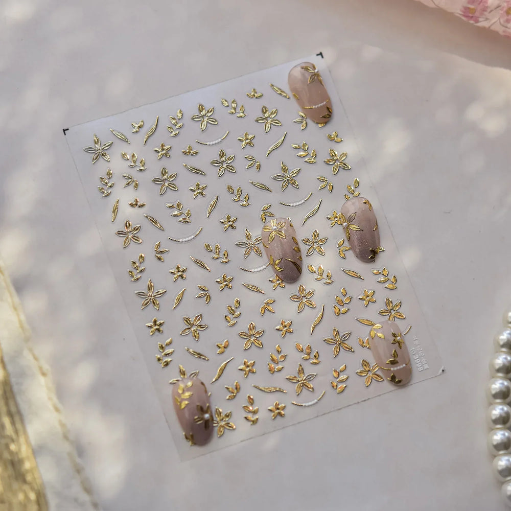 Gold Hot Stamping Flowers Leaves 3D 5D Pearl Bead Delicate Self Adhesive Nail Art Decorations Stickers Manicure Decals Wholesale (Online Order Only)