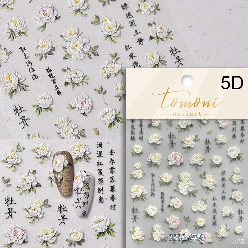 Red Plum Blossom Flower Chinese 3D Self Adhesive Nail Art Decoration Stickers Cheongsam Iris Lily Lotus Vase 5D Manicure Decals (ONLINE ORDER ONLY)