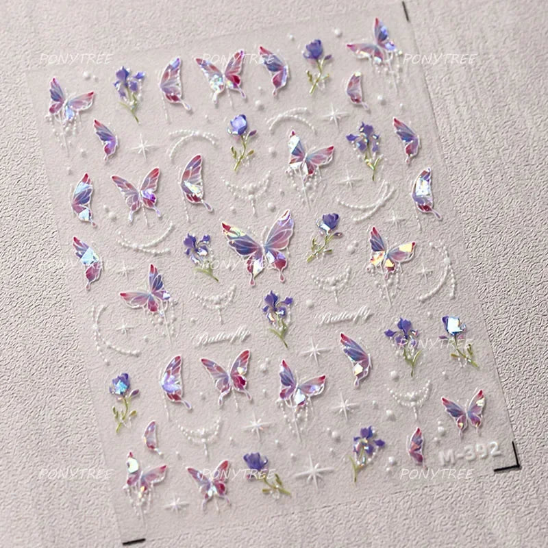 Dreamy White Lace Bowknot Purple Pink Gradual Tulip Flower Butterfly Garden Relief Adhesive Nail Art Stickers Manicure Decals (Online Order Only)