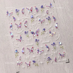 Dreamy White Lace Bowknot Purple Pink Gradual Tulip Flower Butterfly Garden Relief Adhesive Nail Art Stickers Manicure Decals (Online Order Only)