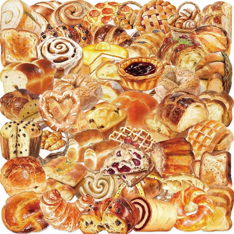 50PCS Kawaii Bread PET Sticky Sticker Aesthetic Korean Stationery DIY Decoration Scrapbooking School Supplies for Kids (Online Order Only)