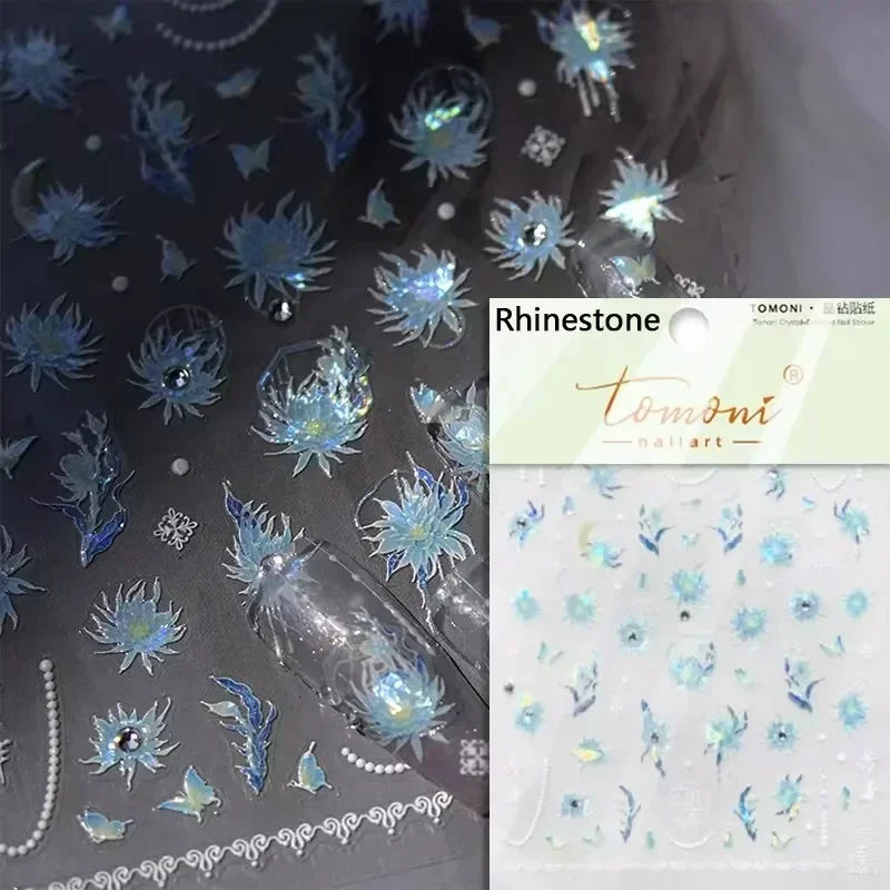 Charming Dreamy Shiny Jelly Blue Gradient Lily Flowers Rose Petal White Dot Chinese Colorful Nail Art Stickers Manicure Decals (ONLINE ORDER ONLY)