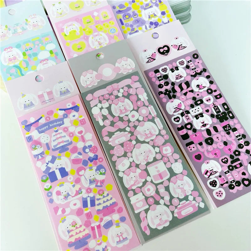 6/8pcs Kawaii Ribbon Rabbit Decorative Sticker Set Girls Scrapbooking Idol Card DIY Diary Album Collage Material Korean Stickers (ONLINE ORDER ONLY)