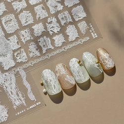 Retro White Lace Fabric Piece Bowknot English Letter Decorative Border Irregular Cloth Block Adhesive Nail Art Stickers Decals (ONLINE ORDER ONLY)