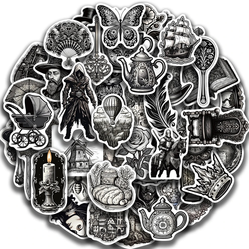 50PCS Black And White Medieval Style Sticker Graffiti Personality Trend Guitar Water Cup Computer Suitcase Sticker Wholesale﻿ (ONLINE ORDER ONLY)