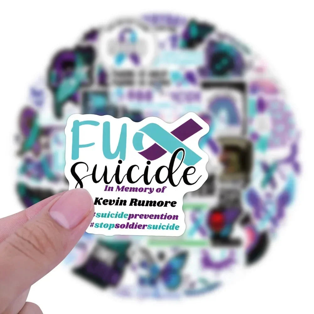 50/100Pcs Suicide Awareness Stickers Teal Purple Ribbon Suicide Prevention Waterproof Decals for Water Bottle Laptop Phone (ONLINE ORDER ONLY)