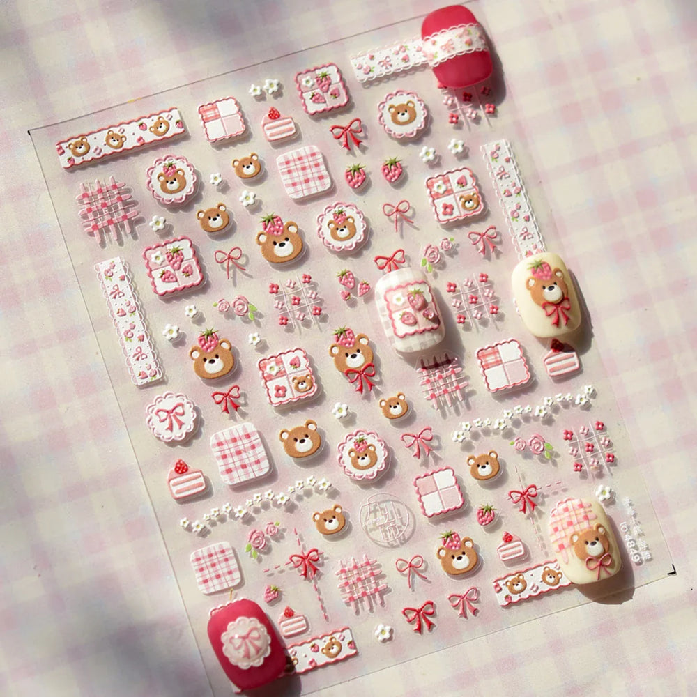 Lovely Bear Strawberry Cake Rose Flower Grid Block Bowknot Embossed Relief Self Adhesive Nail Art Sticker Cute 3D Manicure Decal (ONLINE ORDER ONLY)