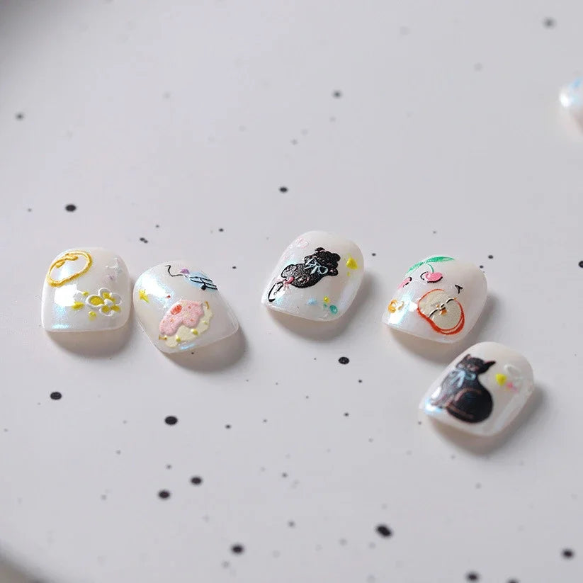 Cat Kitten Mewing Flower Star Bowknot Sweet Cherry Cake Food Line Sun Apple Heart Self Adhesive Nail Art Stickers Manicure Decal (Online Order Only)