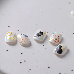 Cat Kitten Mewing Flower Star Bowknot Sweet Cherry Cake Food Line Sun Apple Heart Self Adhesive Nail Art Stickers Manicure Decal (Online Order Only)