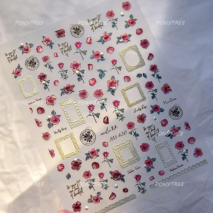 Retro Rose Flowers Bowknot Petal Romantic 5D Soft Embossed Relief Self Adhesive Nail Art Decoration Stickers 3D Manicure Decals (ONLINE ORDER ONLY)