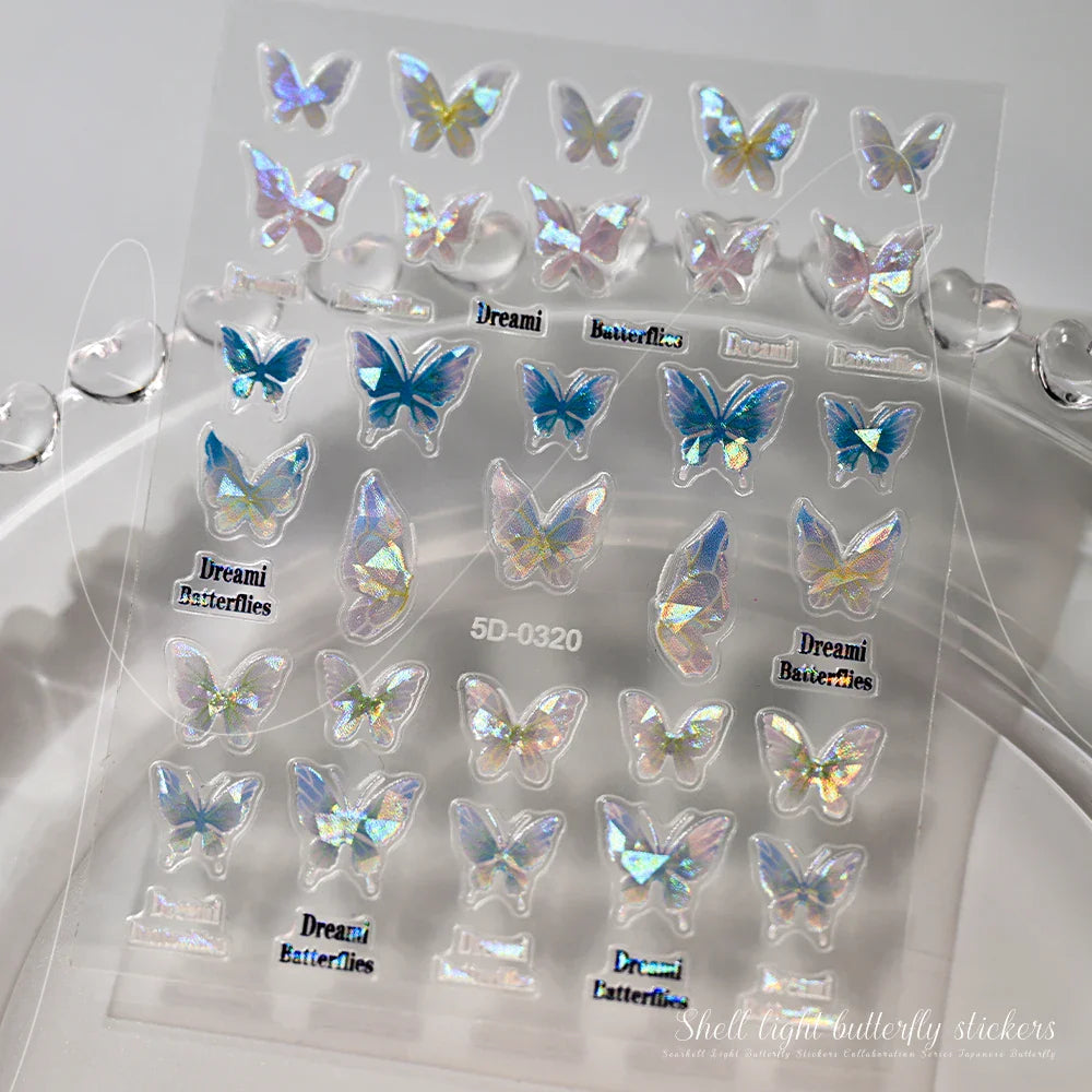 1pc Aurora Butterfly Nail Stickers Pink Butterfly Shell Light Beam Angel Wings Sliders Fairy Light & Lively Translucent Nail Dec (ONLINE ORDER ONLY)