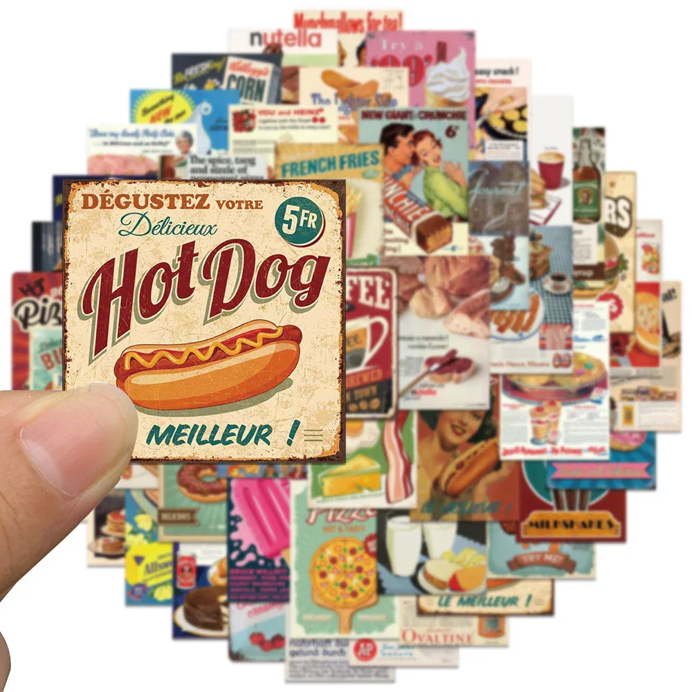 50pcs Vintage Food Sticker Donut Cake Burger Coffee Aesthetic Stickers Luggage Laptop Guitar Phone Waterproof Vinyl Decals (Online Order Only)
