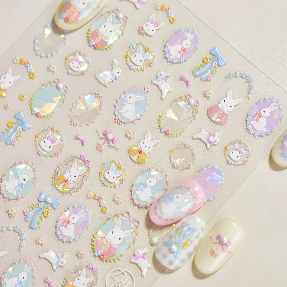Flower Garland Lovely Bunny Rabbit Floral Wreath Bowknot Frame Spring Charm Heart 5D Adhesive Nail Art Stickers Manicure Decals (ONLINE ORDER ONLY)
