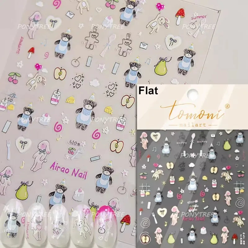 Shiny Black Rabbit Bowknot Flower Cake Fork Spoon 5D Soft Embossed 3D Flat Self Adhesive Nail Art Stickers Lovely Manicure Decal (ONLINE ORDER ONLY)