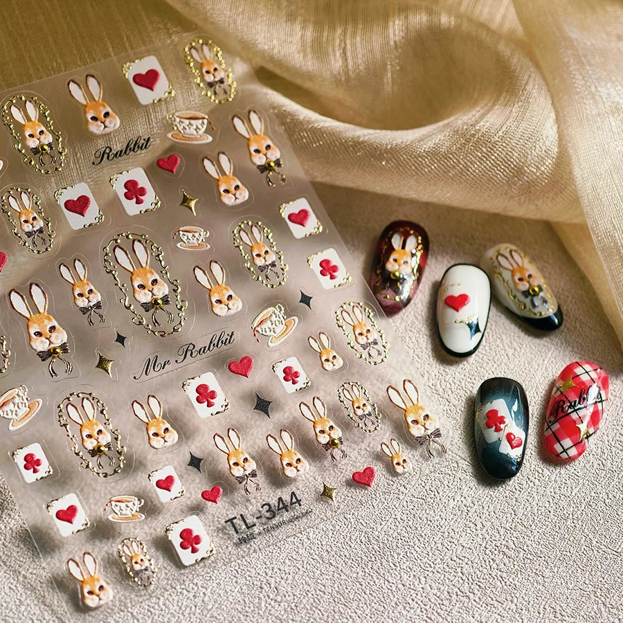 Poker Cards Mr Rabbit Tilted Teacup Bunny Cup Heart Star Block Bow Tie Hot Stamping Adhesive Nail Art Stickers Manicure Decals (ONLINE ORDER ONLY)