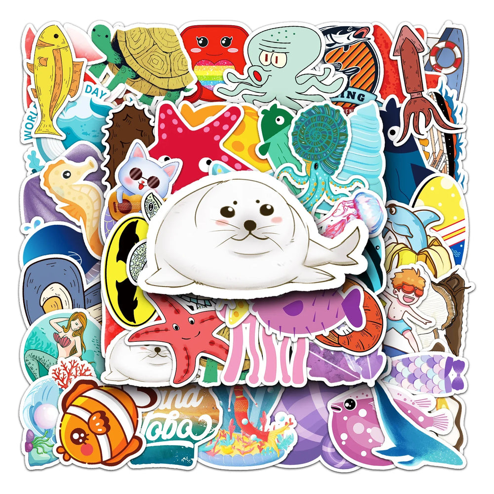 50Pcs Ocean Cartoon Waterproof Vinyl Stickers for Skateboard Snowboard (Online Order Only)