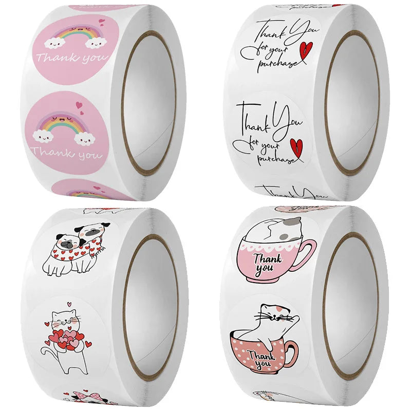 50-500Pcs Round Cute Cartoon Thank You Label Stickers Used for Shipping and Mailing Box Seal Labels Decorative Gifts Stickers (ONLINE ORDER ONLY)