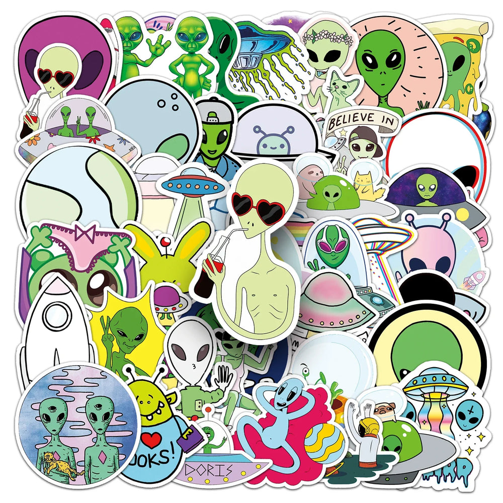 50Pcs UFO Alien Cartoon Waterproof Vinyl Stickers for Skateboard Snowboard (Online Order Only)