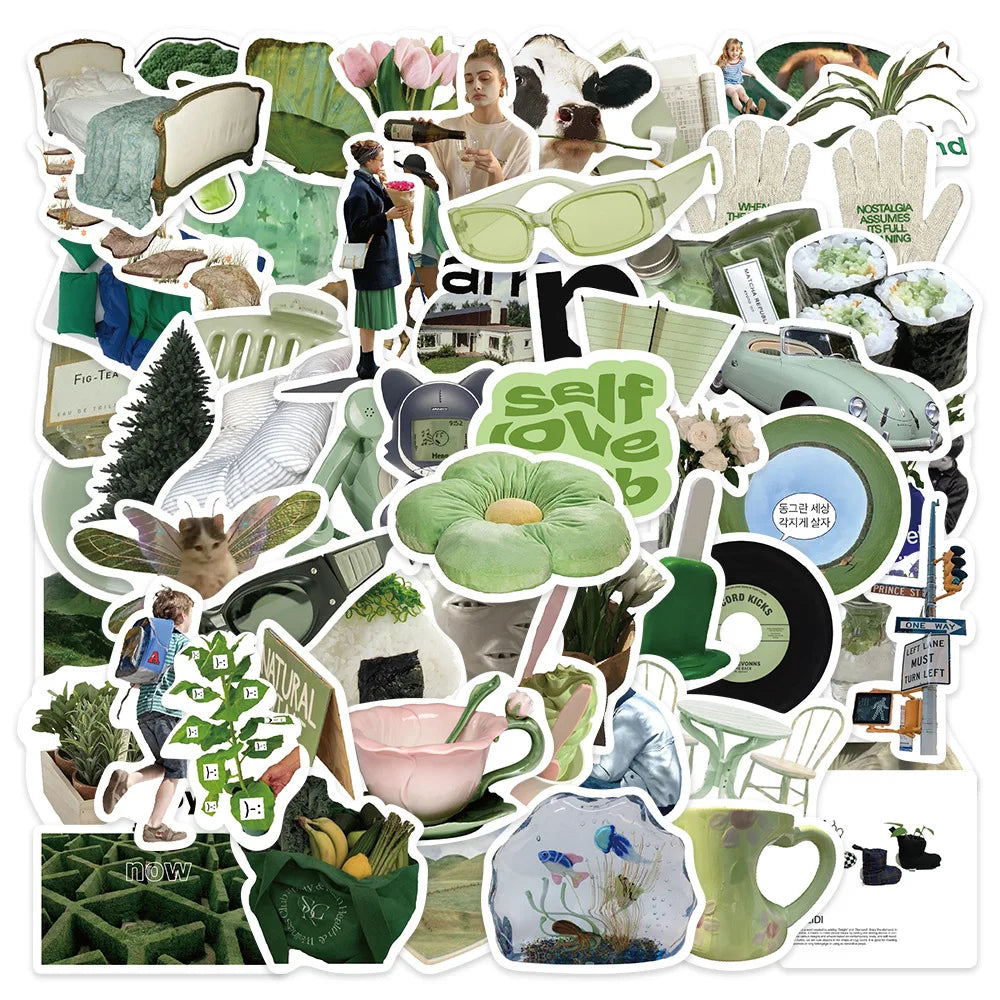 Cute Green Cartoon Stickers 10/30/62pcs Graffiti Decals for Scrapbook Laptop Fridge Bike DIY Kids (Online Order Only)
