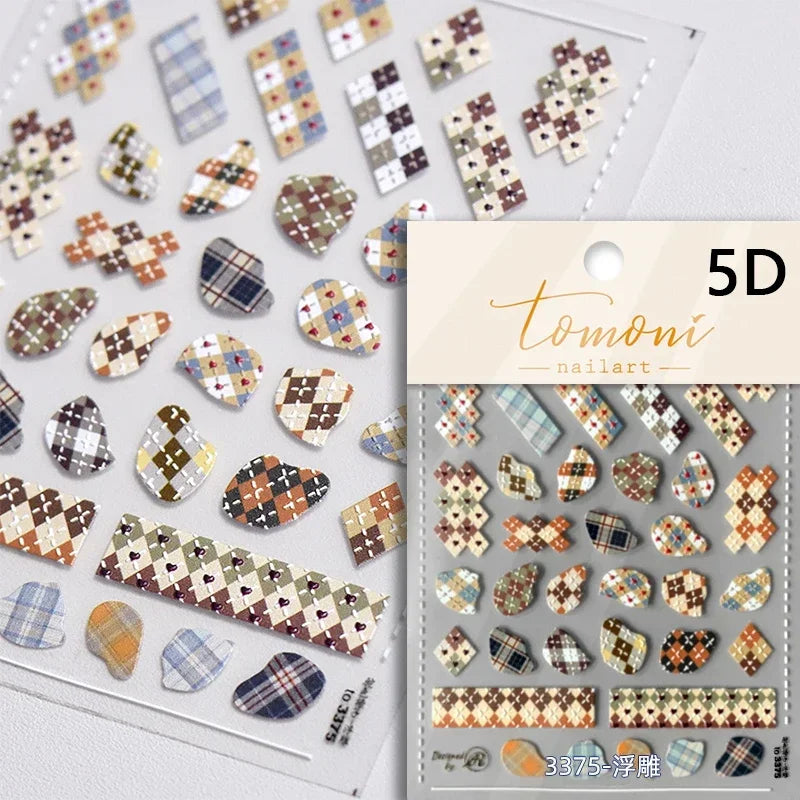 French Style Colorful Square Grid Rhombus Stripe Bowknot Line 3D Self Adhesive Nail Art Stickers Shiny Rhinestone Manicure Decal (Online Order Only)