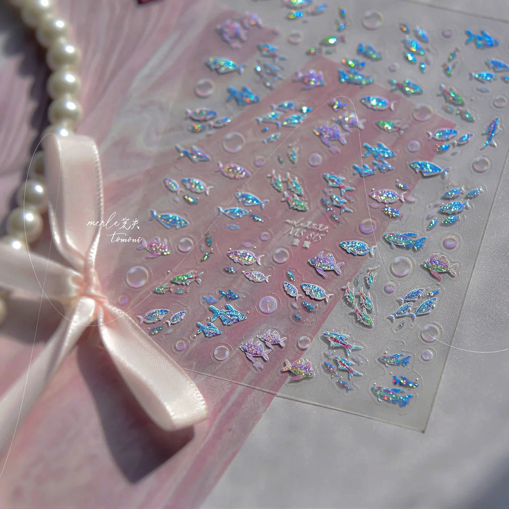 Colorful Shoal of Fish Whale Ocean Shell Conch Starfish Summer Sea Jellyfish Bubble Nail Art Decoration Sticker Manicure Decals (ONLINE ORDER ONLY)