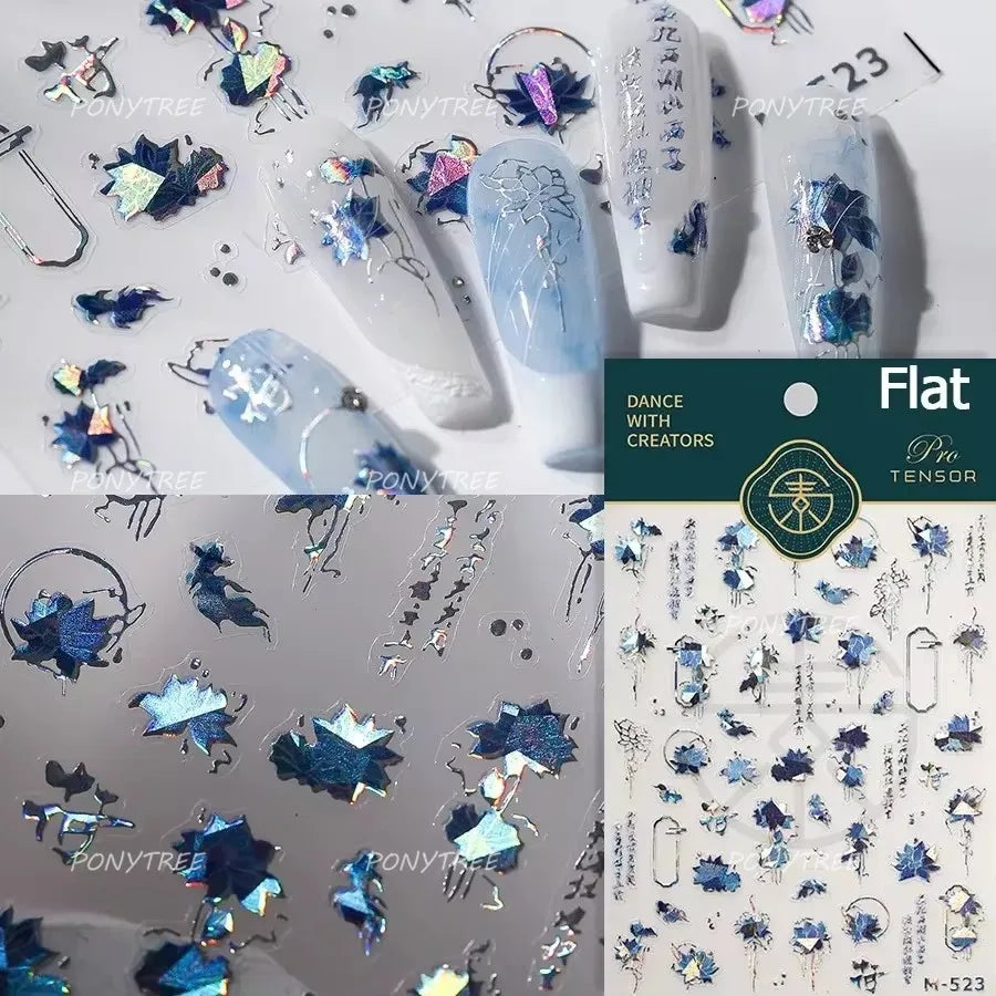 French Chic Blue Line Bowknot Fan Flower Leaves Butterfly Lace Frame Bell Shiny Self Adhesive Nail Art Stickers Manicure Decals (ONLINE ORDER ONLY)