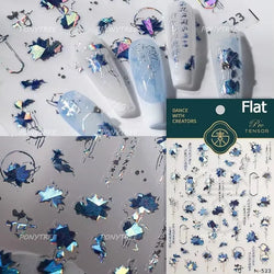 French Chic Blue Line Bowknot Fan Flower Leaves Butterfly Lace Frame Bell Shiny Self Adhesive Nail Art Stickers Manicure Decals (ONLINE ORDER ONLY)