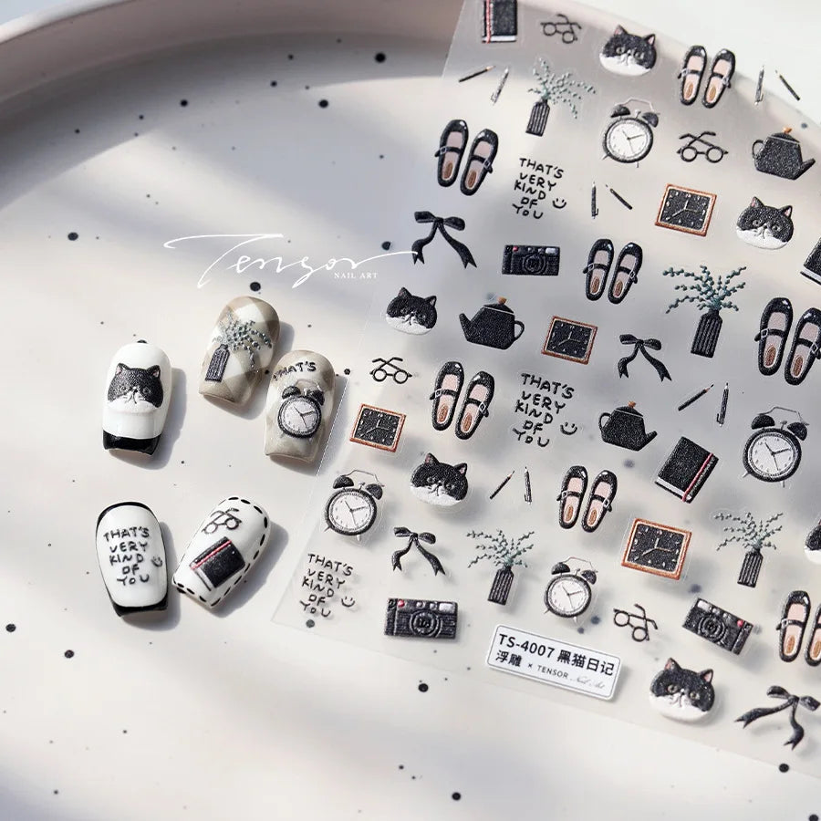 Black Cat Kitten Glasses Camera Timepiece Shoe Notebook Vase Pen Teapot Bowknot Item Adhesive Nail Art Stickers Manicure Decals (Online Order Only)