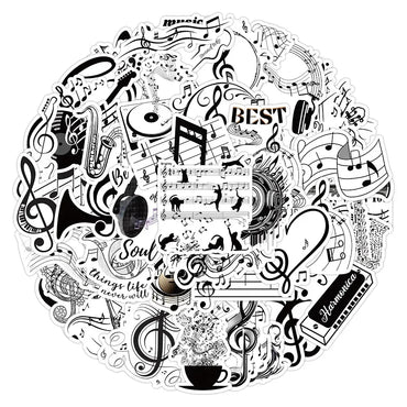 10/53Pcs Black White Music Note Graffiti Sticker DIY Waterproof Piano Phone Case Notebook Guitar Car Bike Wall Graffiti Decals (ONLINE ORDER ONLY)
