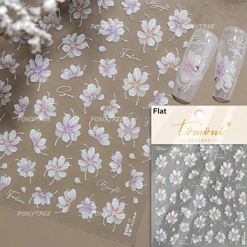 White Flower Colourful Butterfly Pearl Petal Beautiful Garden Charming Plant 5D Self Adhesive Nail Art Stickers Manicure Decals (ONLINE ORDER ONLY)