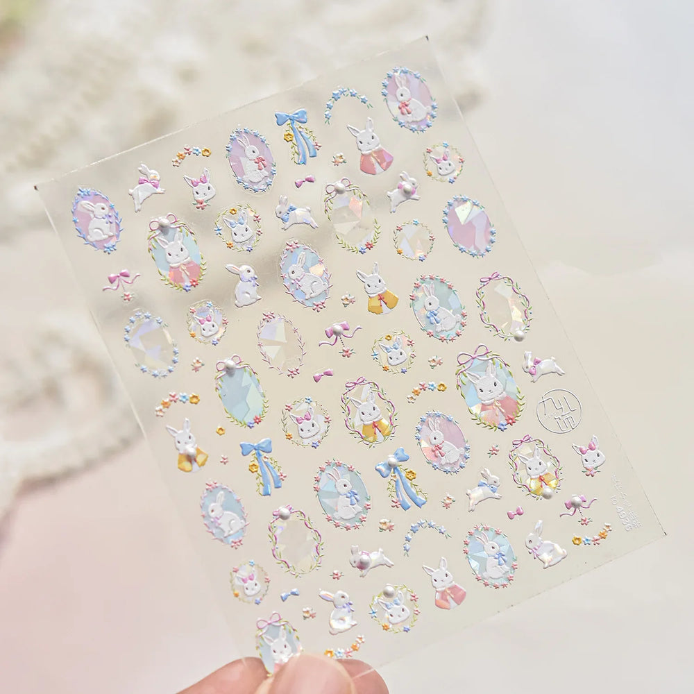 Flower Garland Lovely Bunny Rabbit Floral Wreath Bowknot Frame Spring Charm Heart 5D Adhesive Nail Art Stickers Manicure Decals (ONLINE ORDER ONLY)
