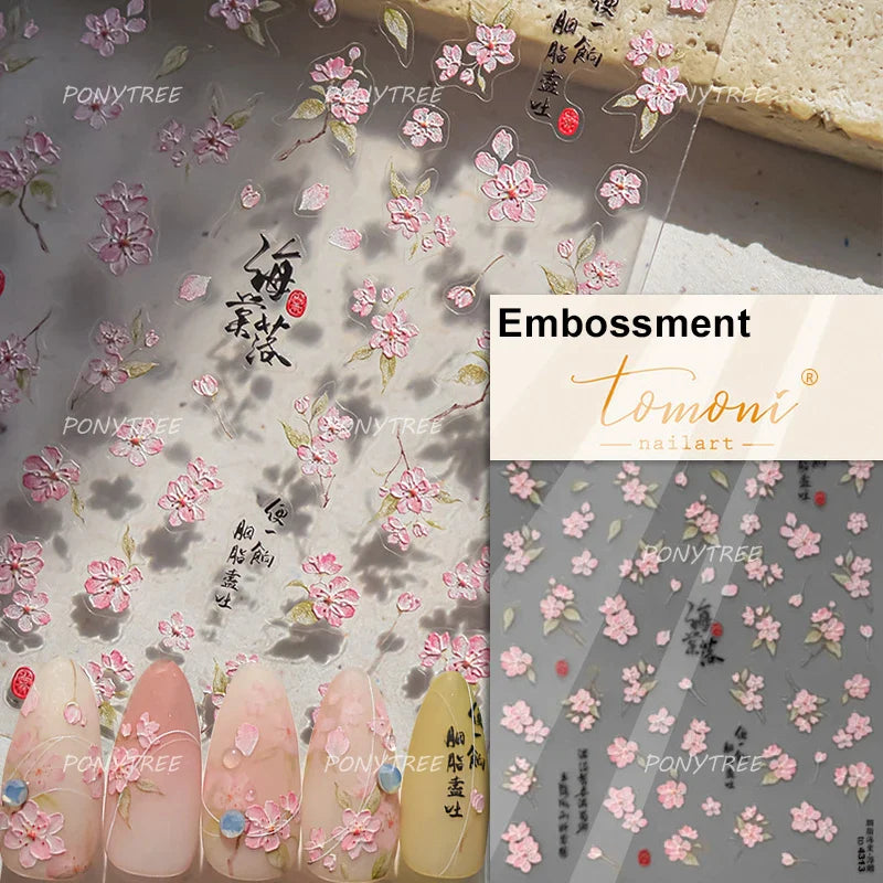 Pink Cherry Blossoms Peach Flower Petal Green Leaf Greenery 5D Embossed Relief Self Adhesive Nail Art Sticker 3D Manicure Decals (ONLINE ORDER ONLY)