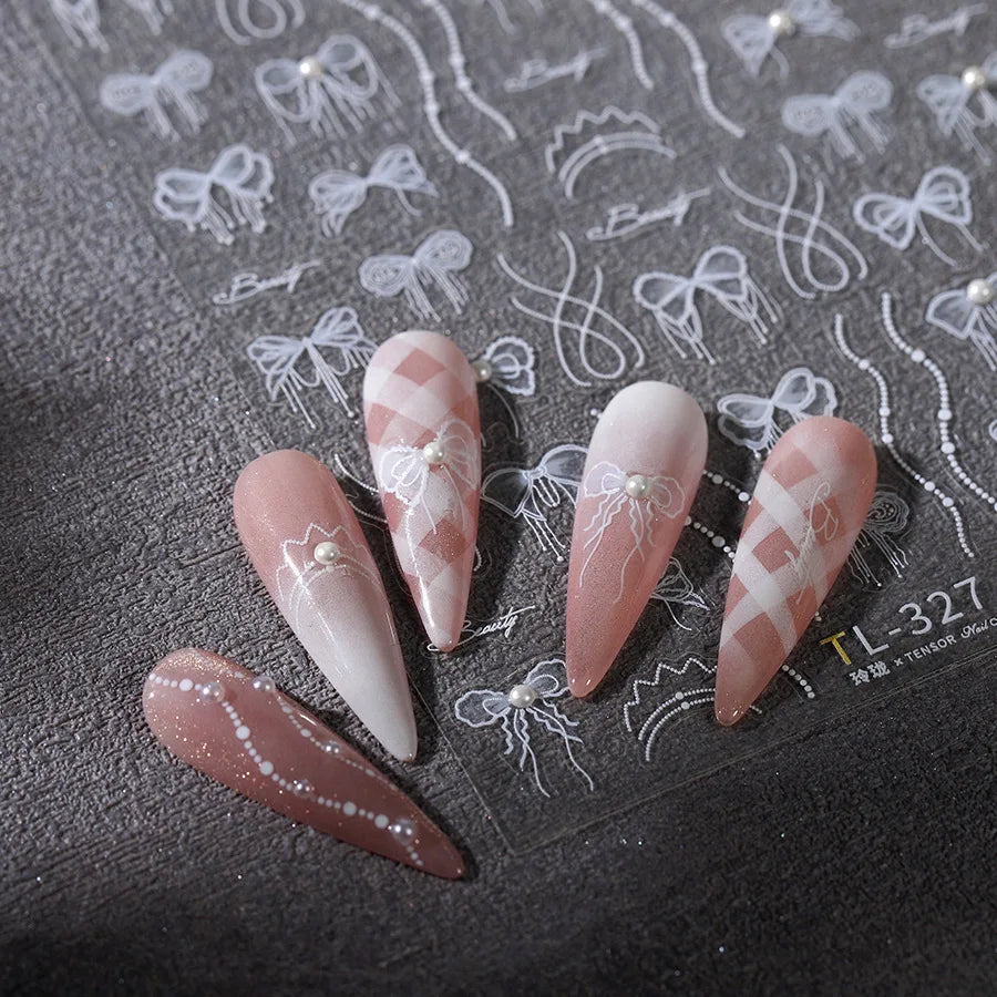 White Pearl Various Bowknot Line Tassel Tender Ribbon Arc Charming Self Adhesive Nail Art Decorations Stickers Manicure Decals (ONLINE ORDER ONLY)