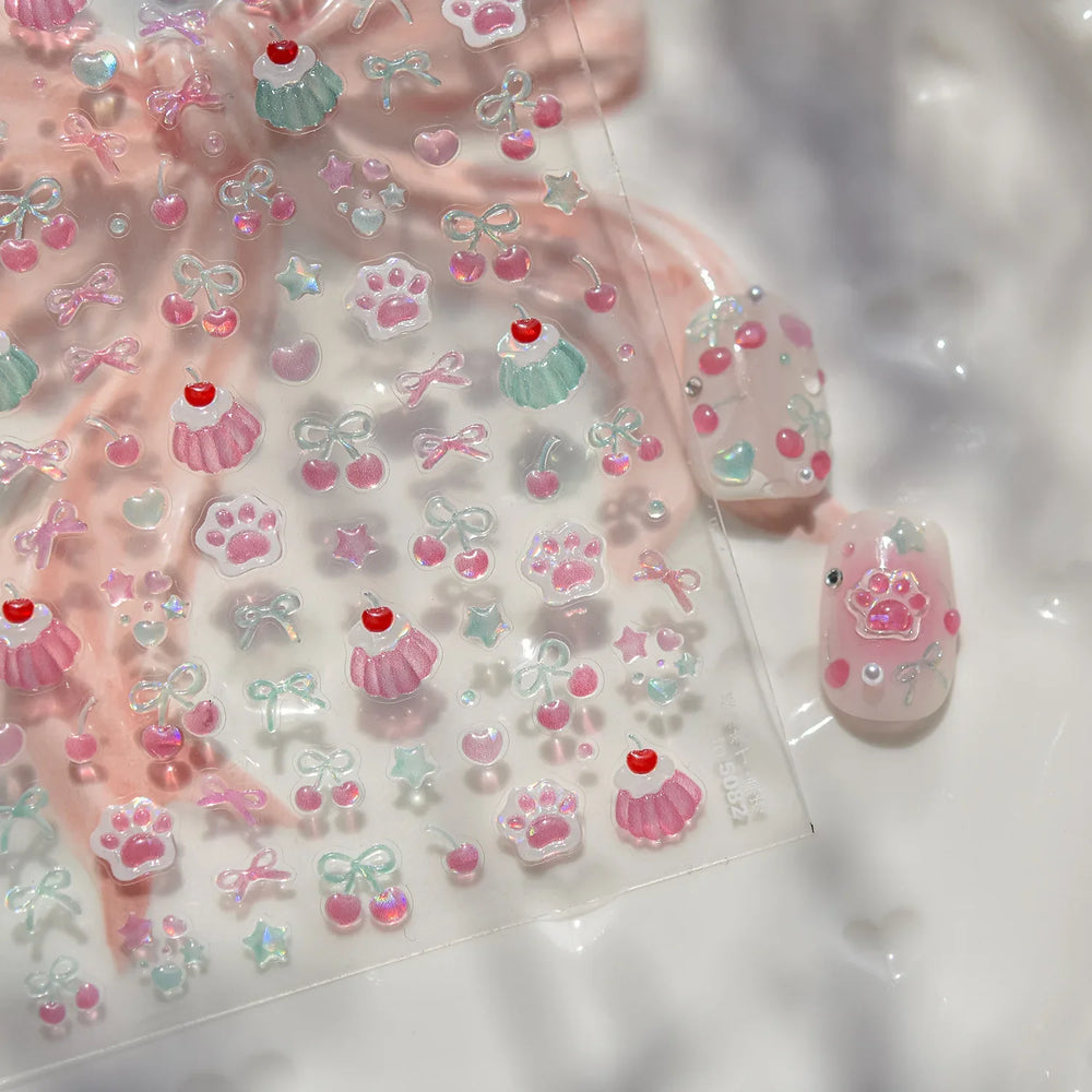 Lovely Green Pink Cherry Pudding Claw Paw Love Heart Bowknot Soft Embossed Reliefs Adhesive Nail Art Stickers Manicure Decals (ONLINE ORDER ONLY)