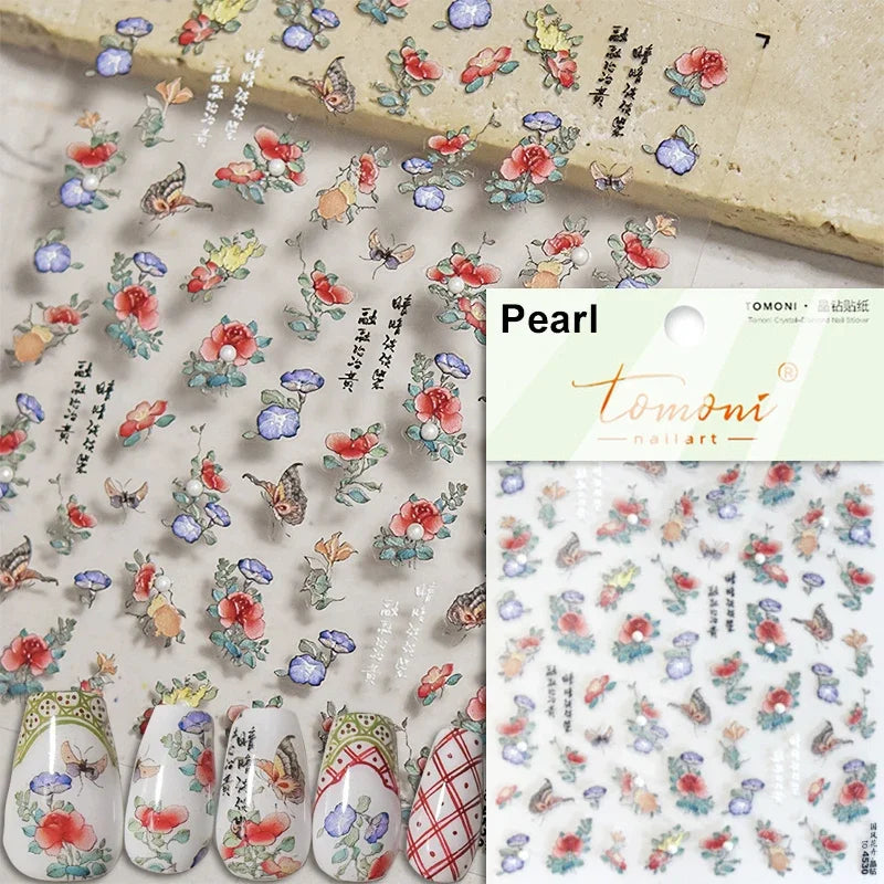 Red Azalea Rose Peony Crane Warbler Bird Fish Lily Chicken Rabbit Lobster Flower Retro Chinese Nail Art Sticker Decoration Decal (Online Order Only)