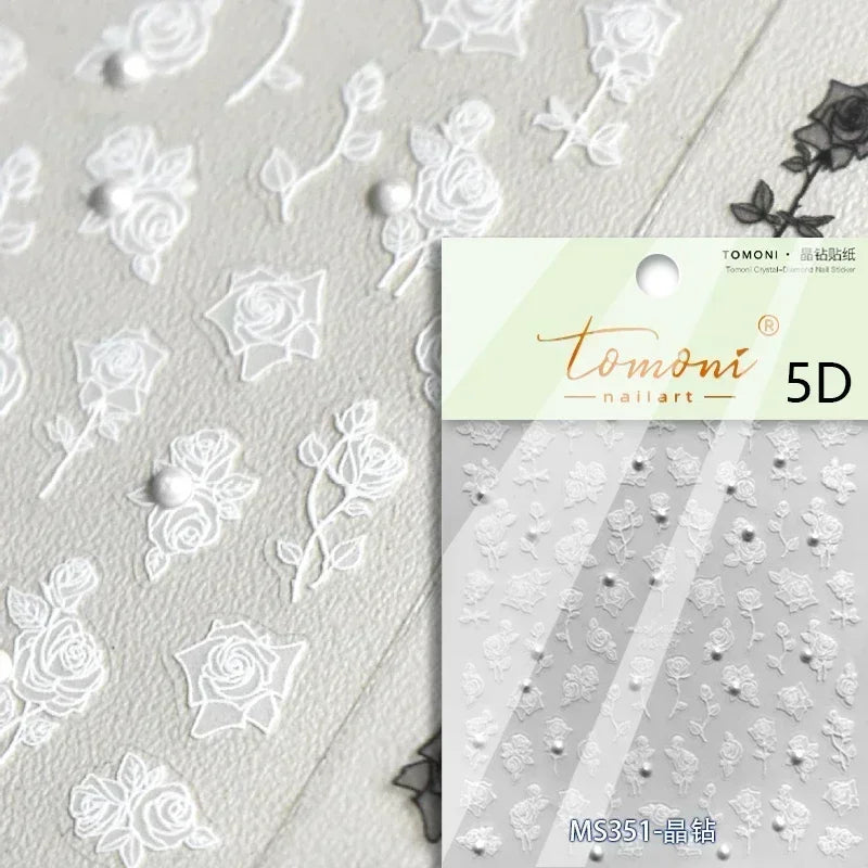 Pale Flower Bouquet Label Bowknot Stationery Sunflower Daisy Leaf 3D Self Adhesive Nail Art Stickers Rhinestone Manicure Decals (Online Order Only)