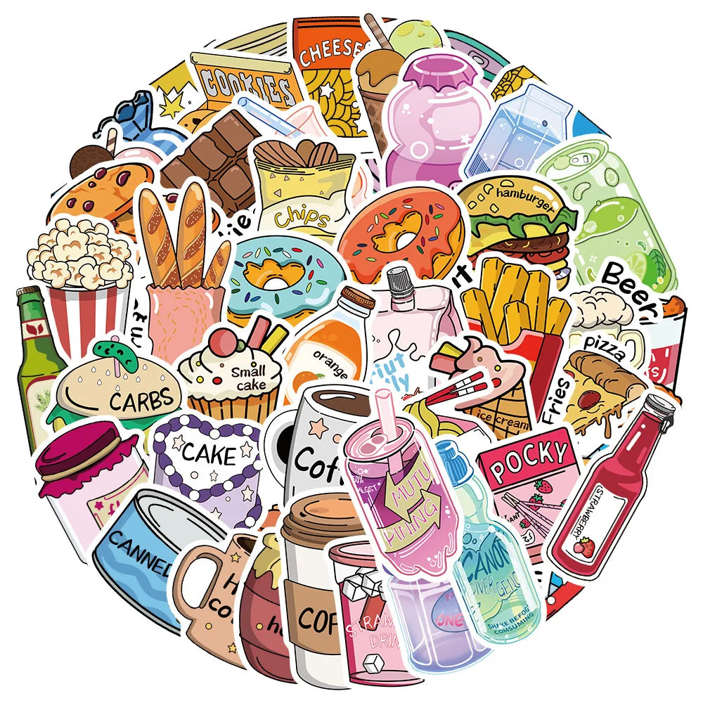 Cartoon Snack Club Graffiti Stickers for Suitcase, Skateboard, Laptop, Luggage, Phone - 10/30/50PCS (ONLINE ORDER ONLY)