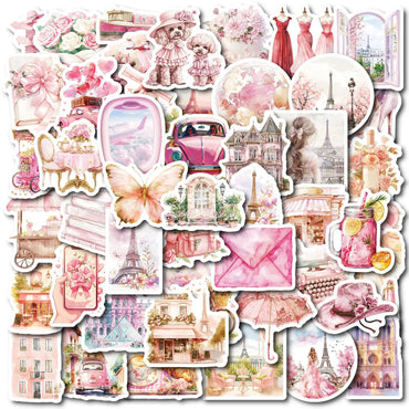 10/50PCS Vintage Pink Paris Eiffel Tower Girls Decoration Stickers DIY Diary Suitcase Phone Laptop Guitar Luggage Kawaii Sticker (Online Order Only)