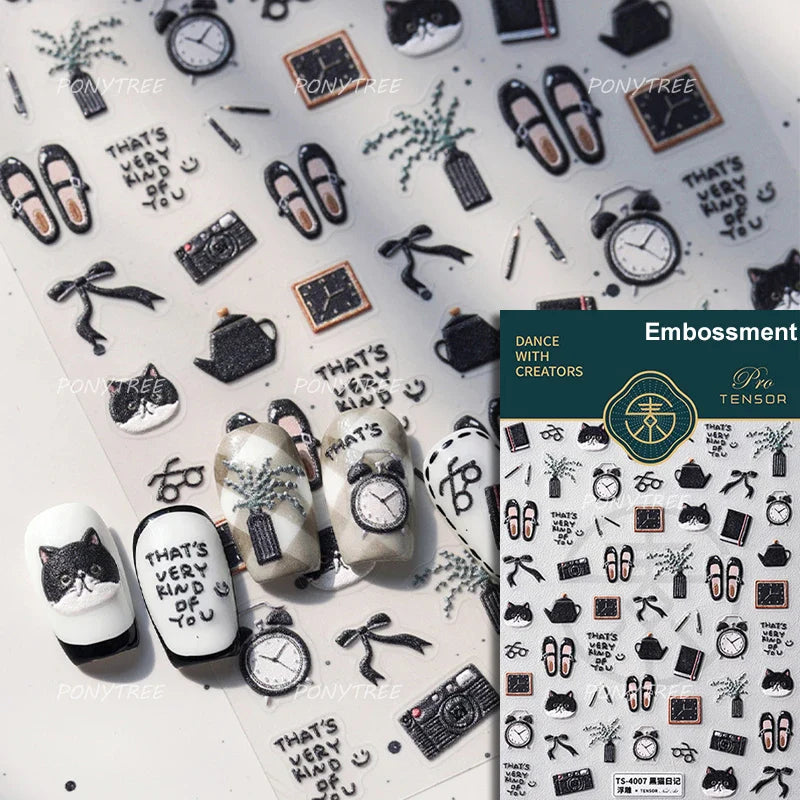 Black Cat Kitten Glasses Camera Timepiece Shoe Notebook Vase Pen Teapot Bowknot Item Adhesive Nail Art Stickers Manicure Decals (Online Order Only)