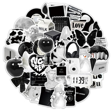 10/30/50pcs Ins Style Cute Stickers Aesthetic Black White Simple Decals Decoration Scrapbook Suitcase Laptop Fridge Wall Sticker (Online Order Only)