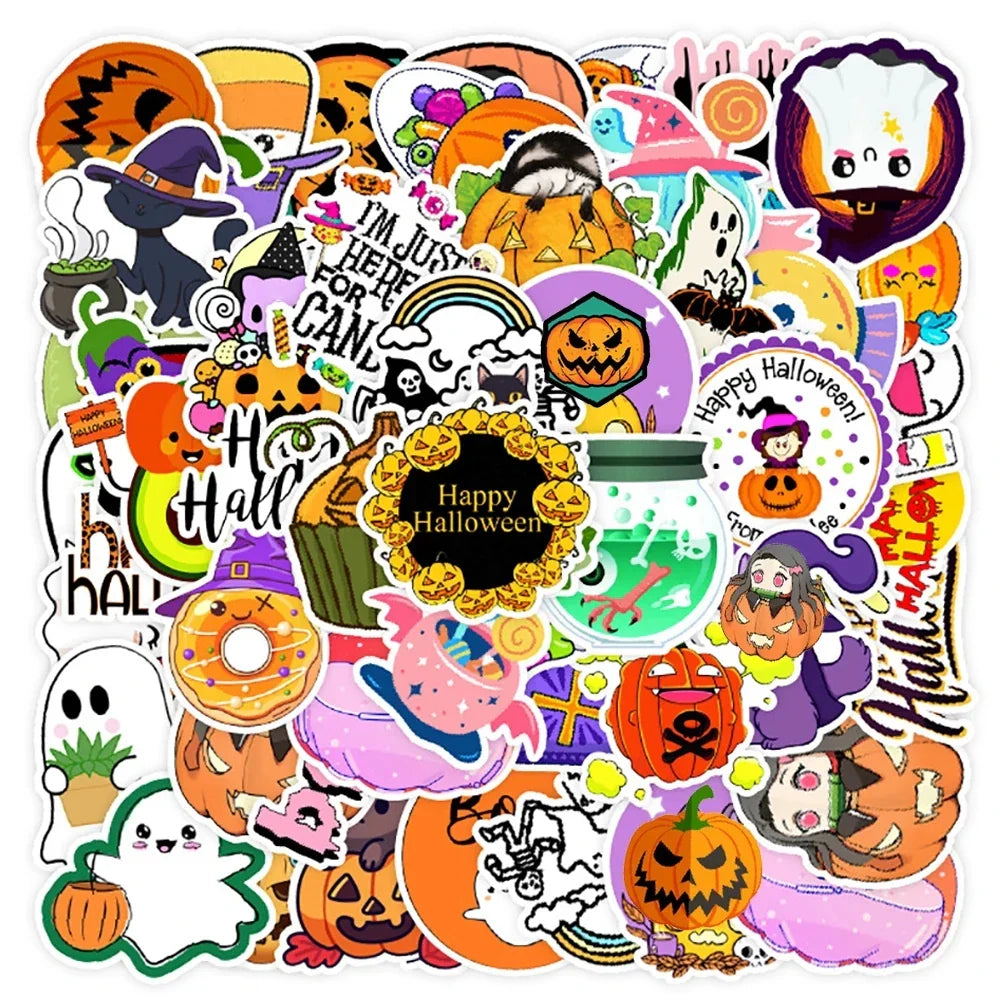 10/30/50PCS Cartoon Halloween Ghost Stickers Decoration Funny Cute Pumpkin Decals Toy For Kids DIY Luggage Laptop Phone Car Bike (Online Order Only)