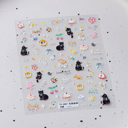 Cat Kitten Mewing Flower Star Bowknot Sweet Cherry Cake Food Line Sun Apple Heart Self Adhesive Nail Art Stickers Manicure Decal (Online Order Only)