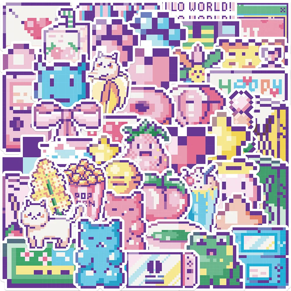 Cartoon Pink Pixel Stickers 10/30/45PCS for Laptop, Luggage, Fridge, Helmet, Notebook (Online Order Only)