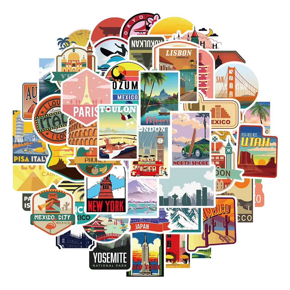 Urban Tourism Landscape Stickers for Suitcase, Skateboard, Laptop, Luggage, Phone - 10/30/50Pcs DIY Decals (ONLINE ORDER ONLY)