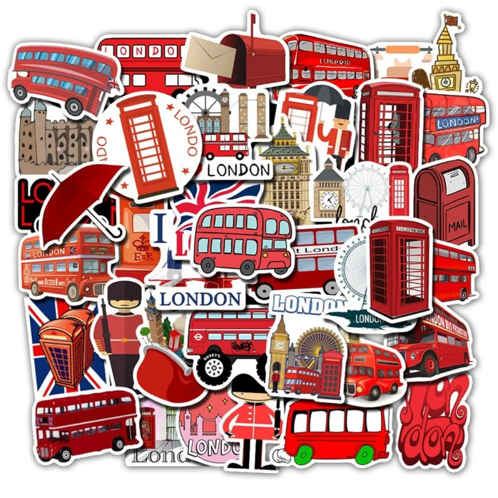 50Pcs/Lot Waterproof London Red Bus Telephone Booth PVC Stickers For Laptop Motorcycle Skateboard Luggage Decal Toy Sticker (ONLINE ORDER ONLY)